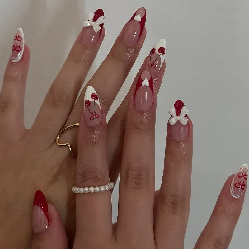 Reusable Press On Nails | Almond Cut | Blush Diamonds Sweetheart Bows | 24 Pcs