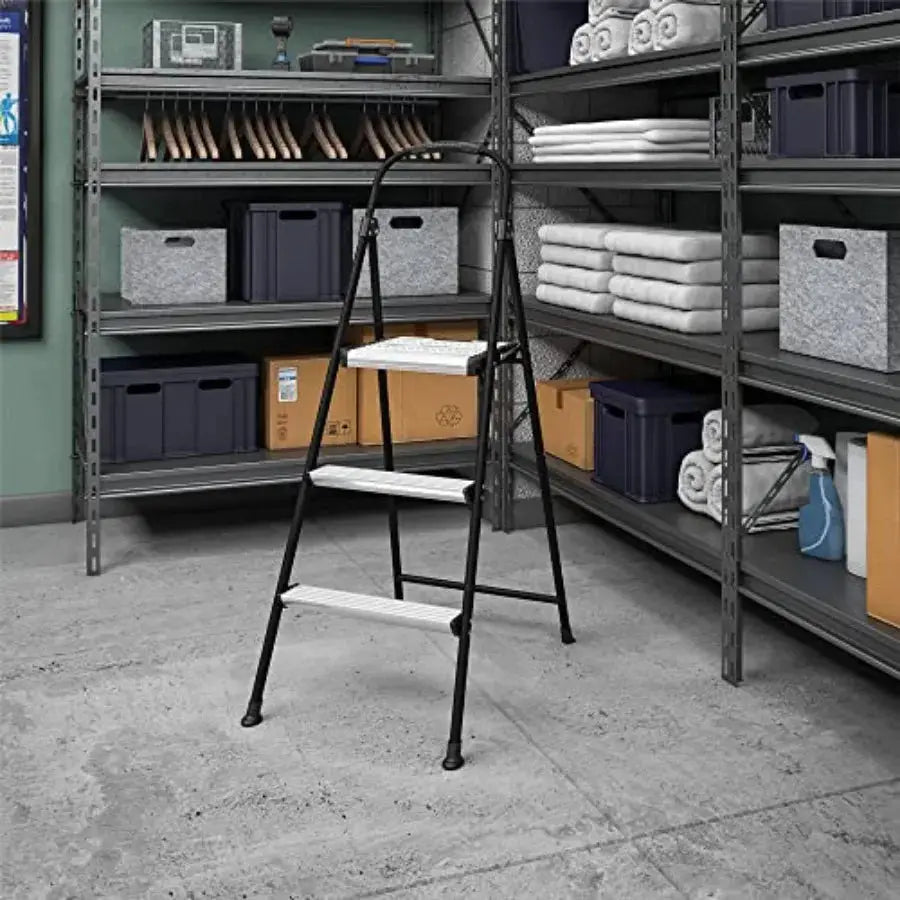 Lightweight Three-Step Folding Step Stool for Home Use - Large Platform One-Hand Release Non-Marring Leg Tips Aluminum and Stee from PriceLows™