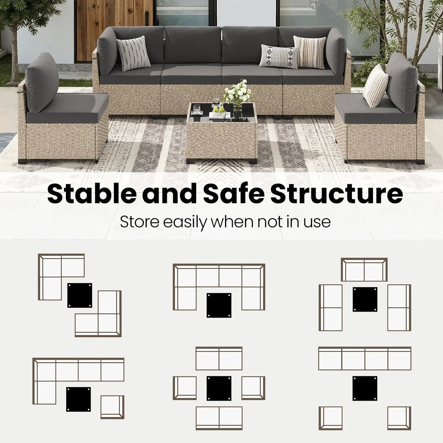 7-Piece Patio Furniture Set, Outdoor Rattan Sectional Sofa with Tempered Glass Table, All-Weather, for Garden, Porch, Backyard from PriceLows™