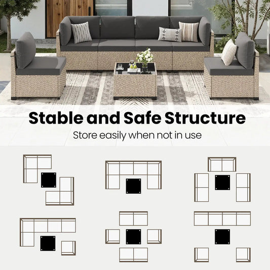 7-Piece Patio Furniture Set, Outdoor Rattan Sectional Sofa with Tempered Glass Table, All-Weather, for Garden, Porch, Backyard from PriceLows™