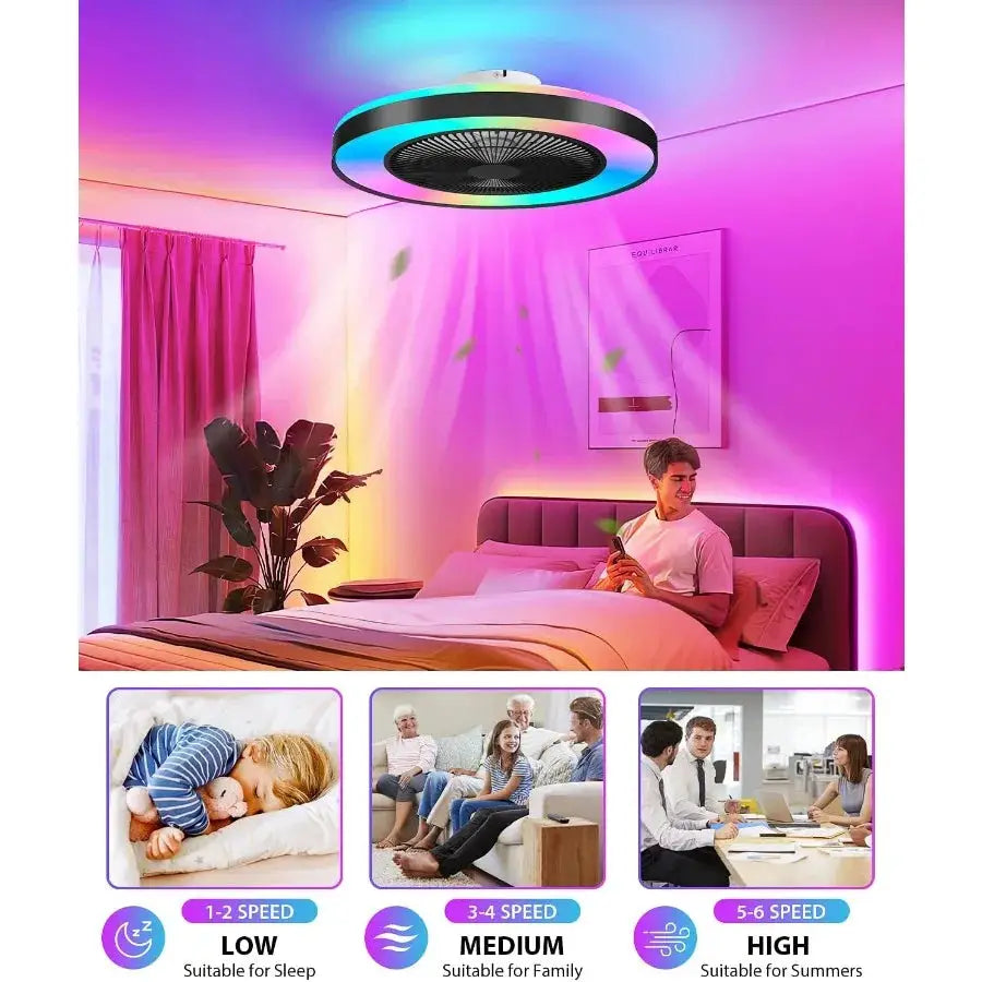 2in1 Low Profile Ceiling Fan with Light 20 Caged Safety Design for RGB Color Smart APP Remote Control Quiet Flush Mount DC Moto from PriceLows™
