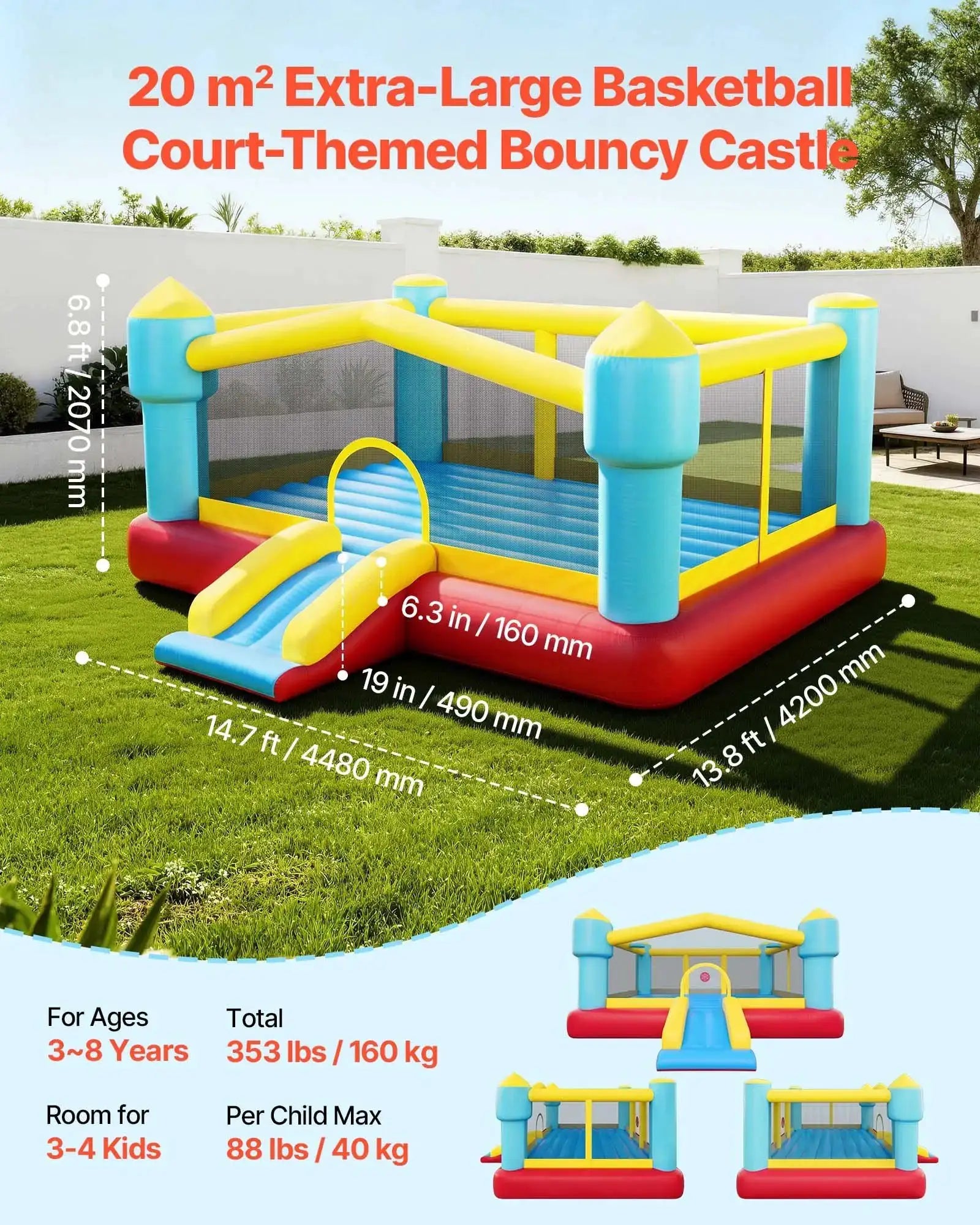 Inflatable Bounce House, 14.7 x 13.8 x 6.8 ft Jumping Bouncy Castle, Inflatable Jumper for Kids with Slide, Basketball Hoop, from PriceLows™