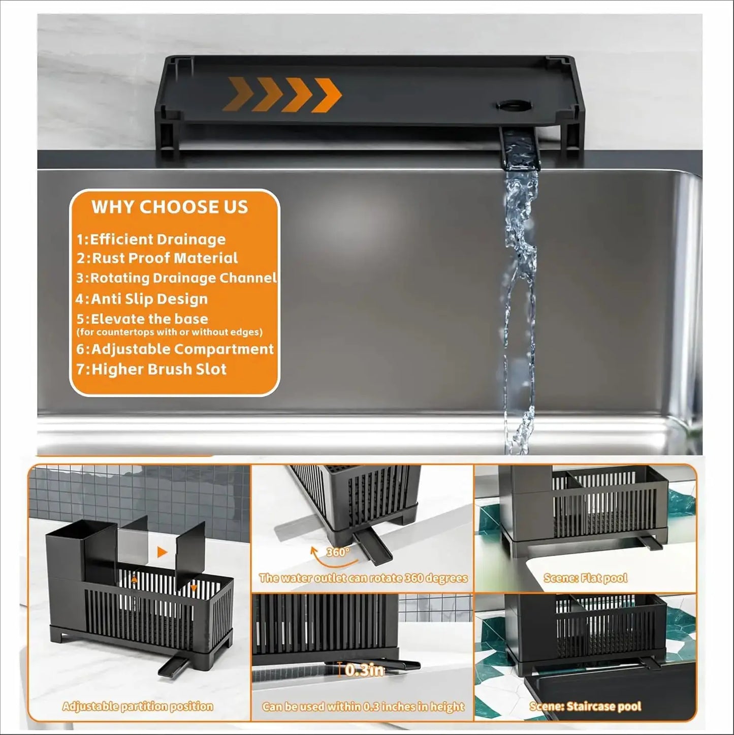Multifunctional Kitchen Sink Organizer Caddy - Sponge Holder, Scrub Brush Rack, Soap Dispenser, Black Plastic, Rustproof for Countertop from PriceLows™