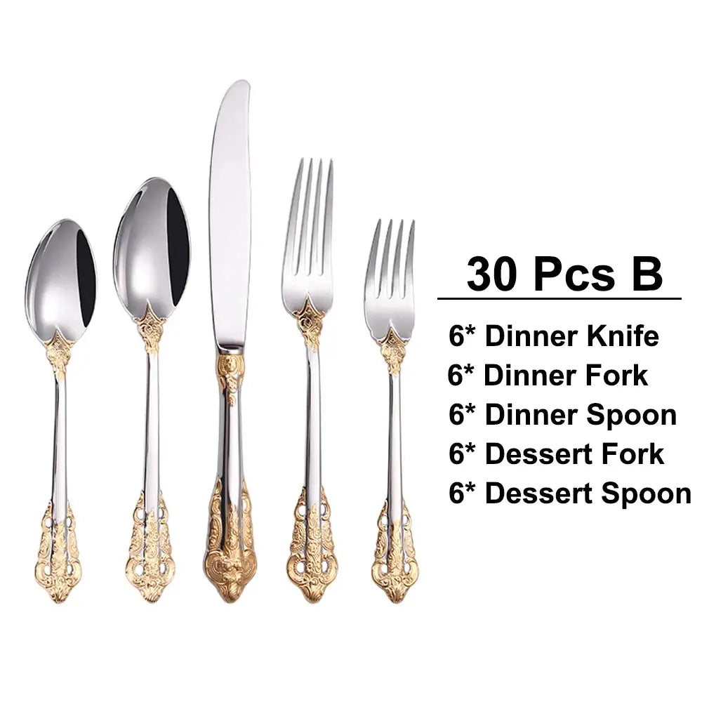 30 Pieces Gold Plated Luxury Cutlery Set Stainless Steel Vintage Western Tableware Sliver Knife Spoon Fork Set Kitchen Utensils from PriceLows™