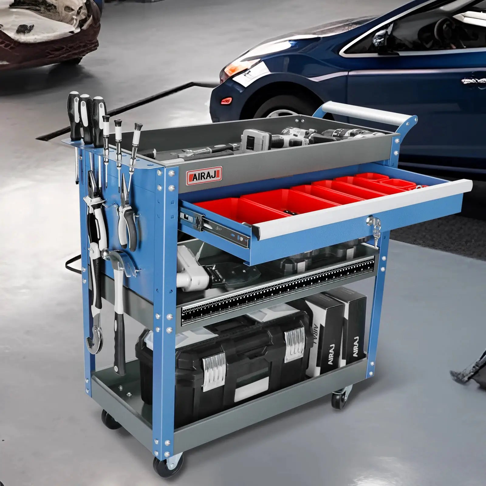AIRAJ 3 Tier Rolling Tool Cart on Wheels,Metal Heavy Duty Mechanic Cart with Drawers and Pegboard,Industrial Utility Cart from PriceLows™