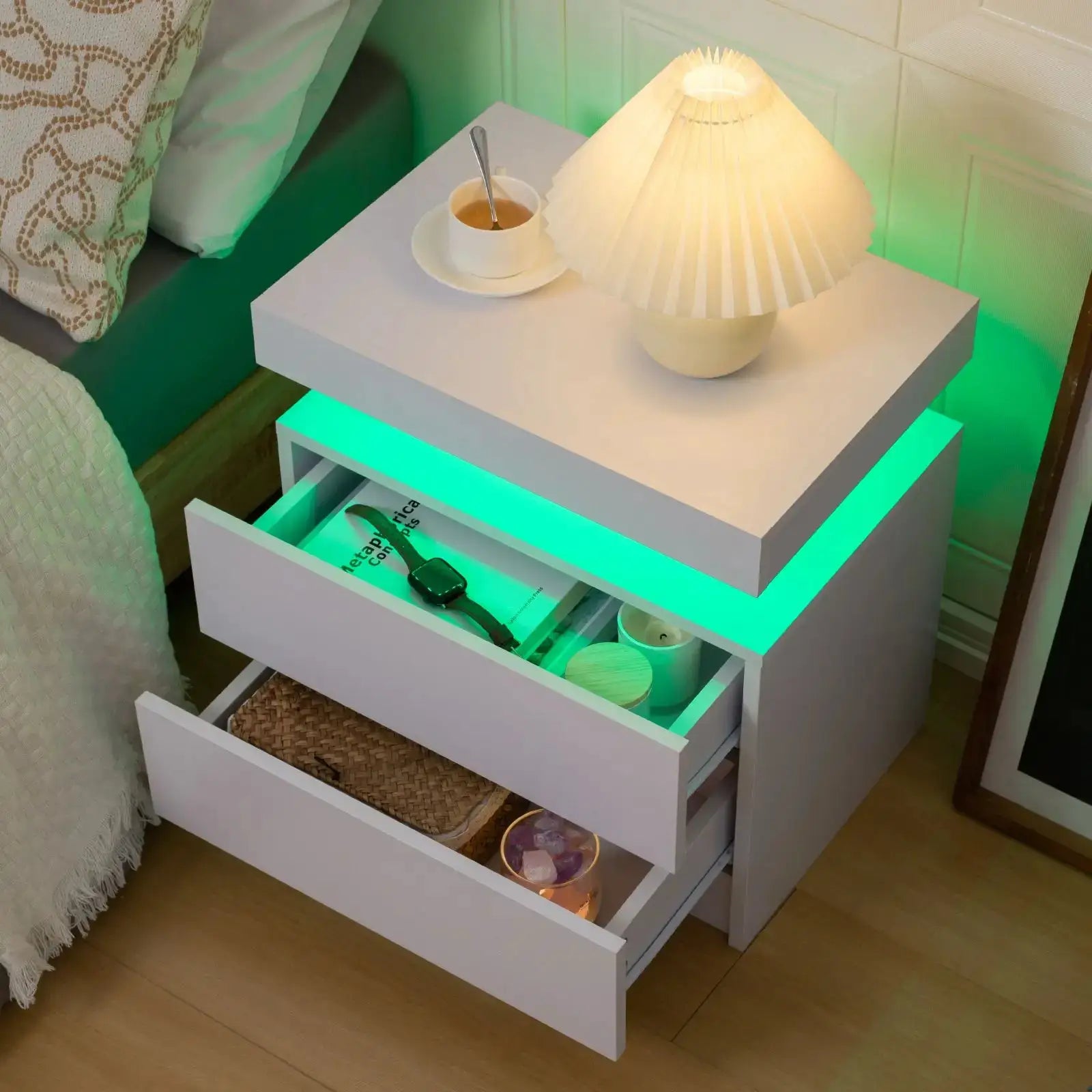 Cubehom LED Nightstands with 2 Drawers, End Table with RGB LED Lights for Bedroom Living Room, White Bedside Table from PriceLows™