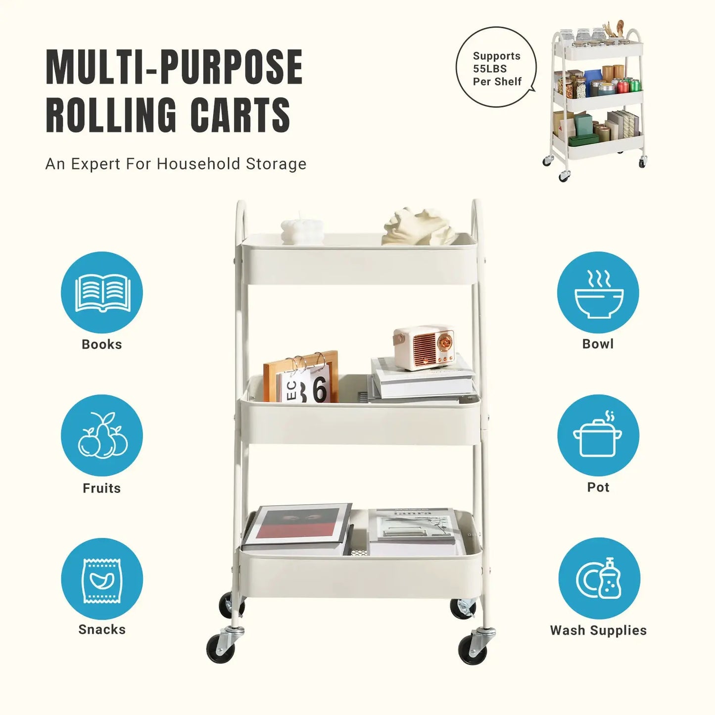 JHK 3 Tier Metal Storage Kitchen Cart with Lockable Wheels Mobile Shelving Unit Utility Rolling Organizer For Home Narrow Places from PriceLows™