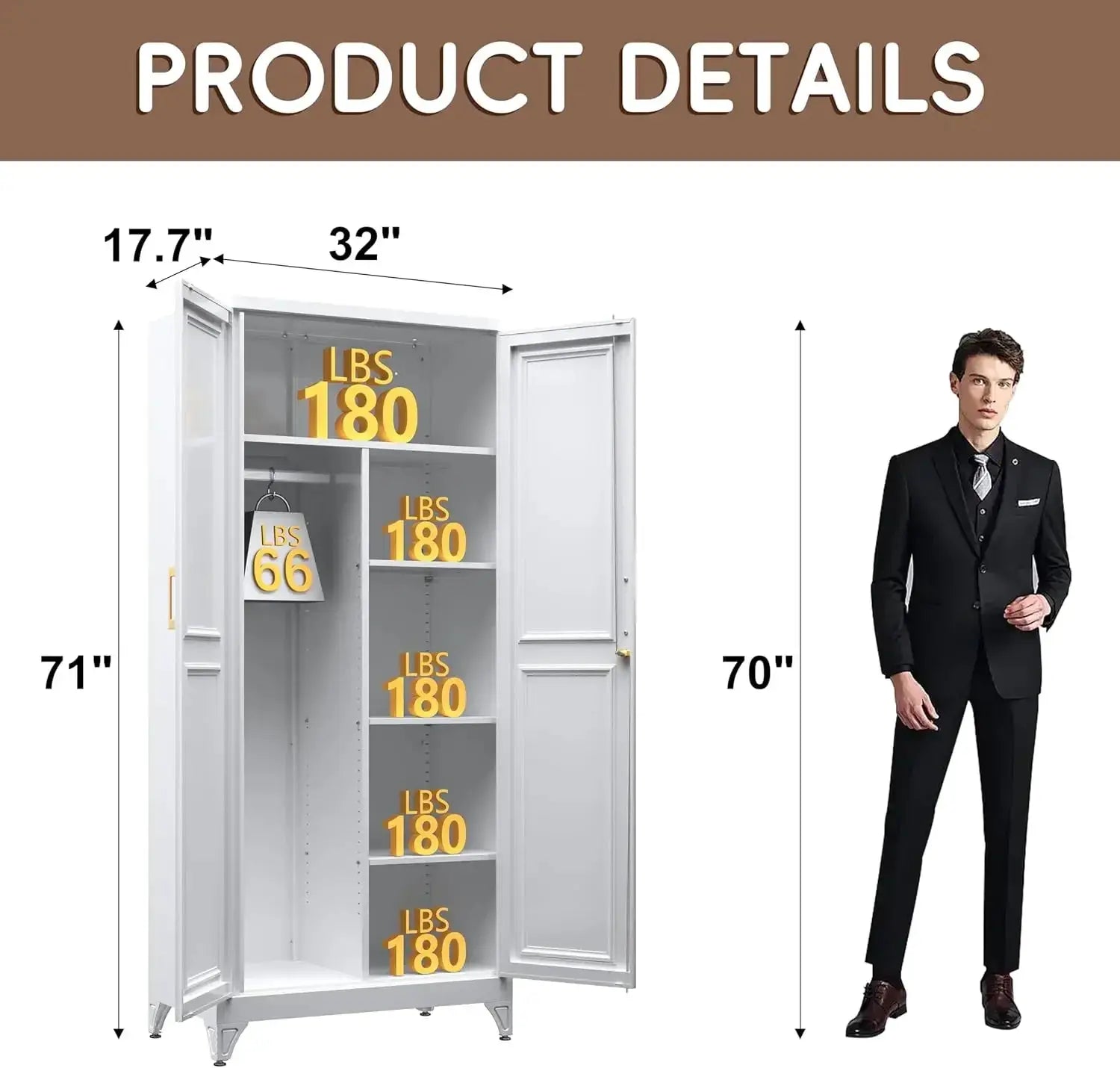 71" Metal Wardrobe Closet with Locking Doors, White Storage Cabinet with Hanging Rod & 3 Shelves for Home Office, Gym from PriceLows™