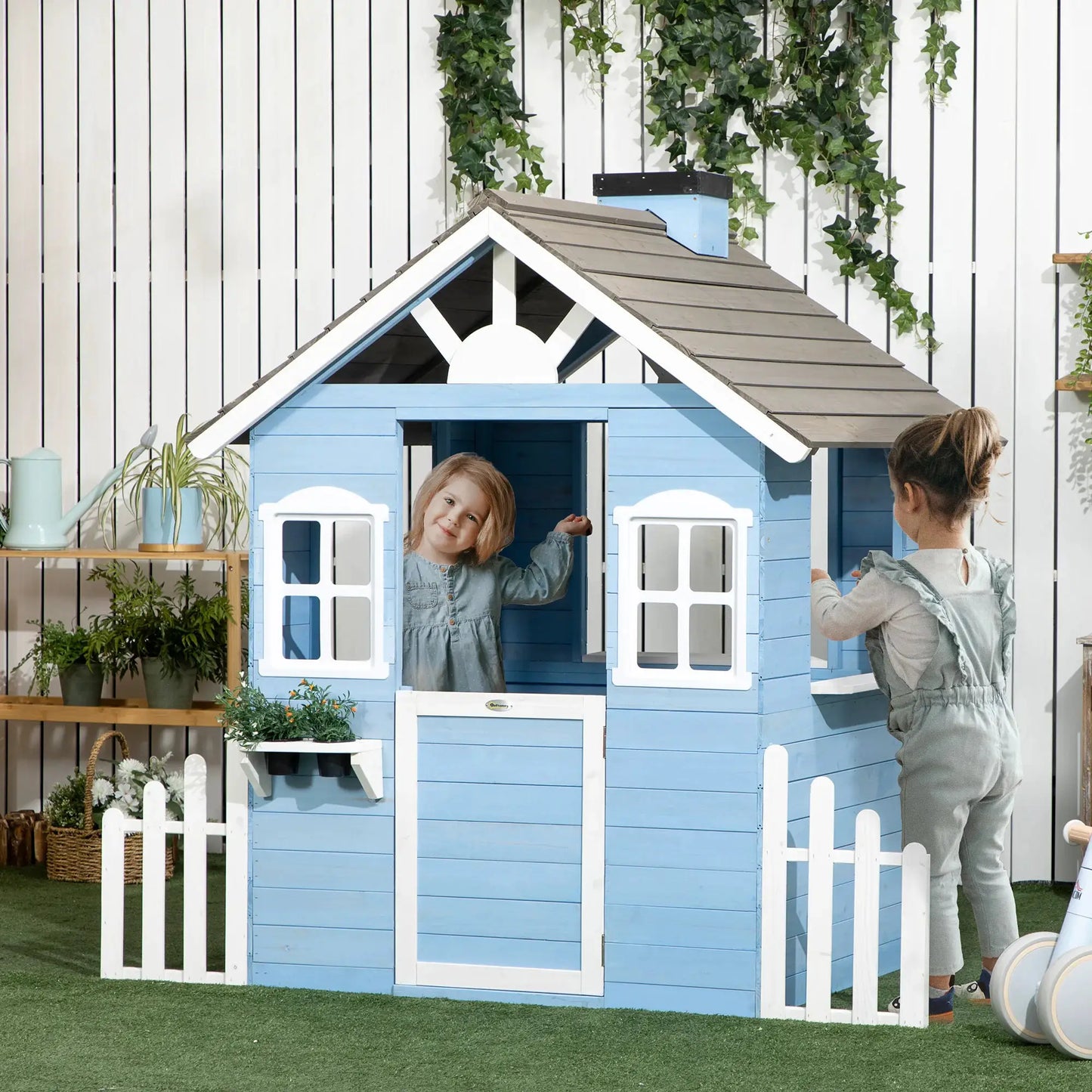 Outsunny Playhouse for Kids Outdoor, Country Style Wooden Playhouse with Flower Pot Holders, Working Door, Windows from PriceLows™