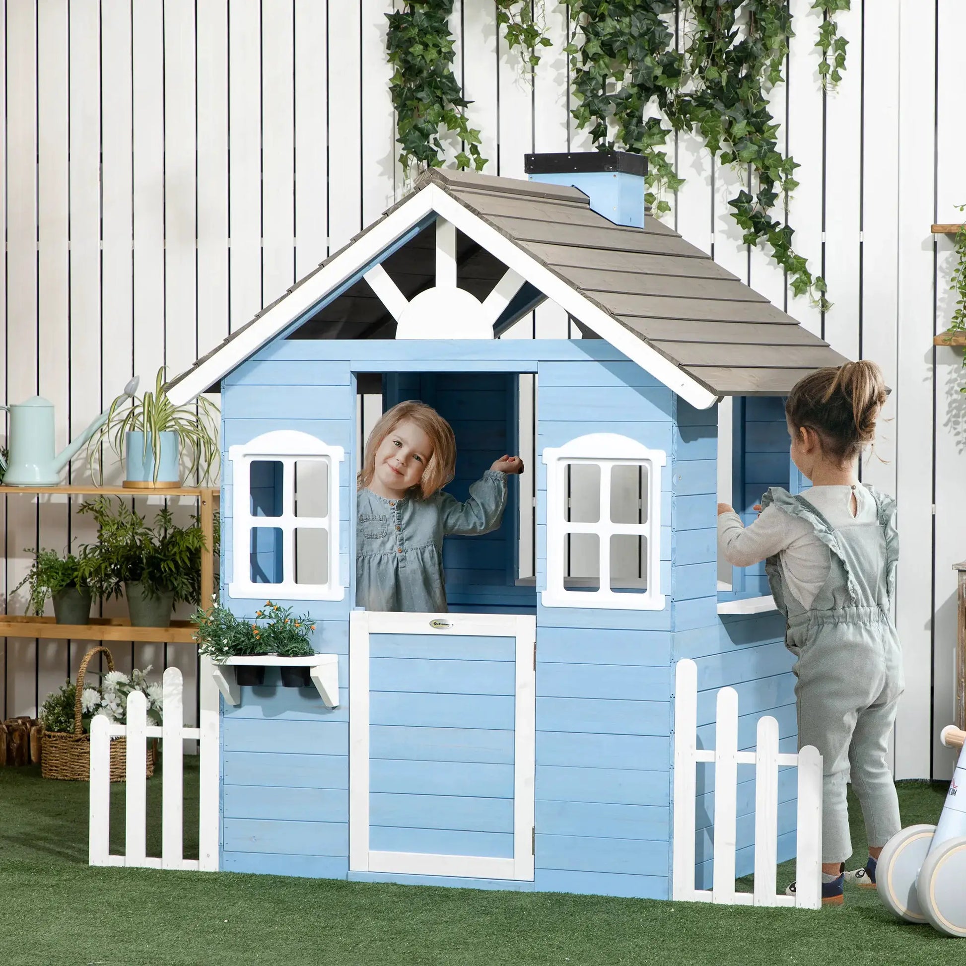 Outsunny Playhouse for Kids Outdoor, Country Style Wooden Playhouse with Flower Pot Holders, Working Door, Windows from PriceLows™