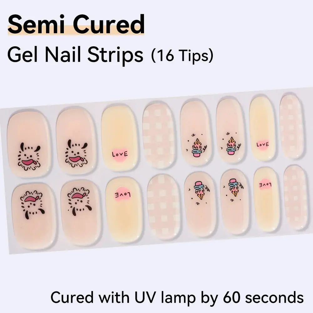 16strips Cartoon UV/LED Semi Cured Gel Nail Strips Pink Glitter Cat Eye Self-Adhesive Gel Nail Wraps Full Cover UV Nail Sticker from PriceLows™