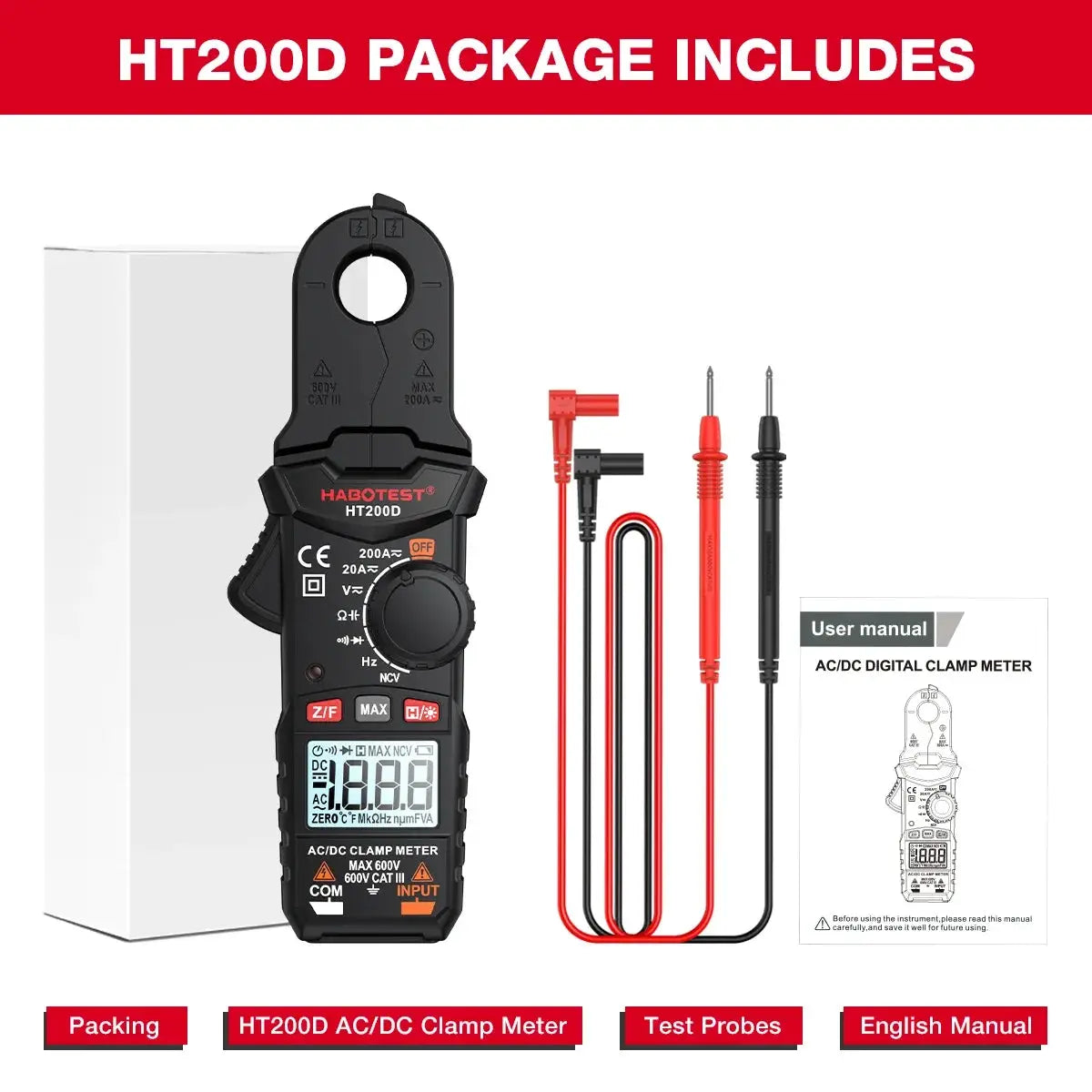 HABOTEST HT200D Digital Clamp Meter 2000 Counts True RMS NCV 600V Voltage 200A DC/AC Current Multimeter Clamp Current Meter from PriceLows™