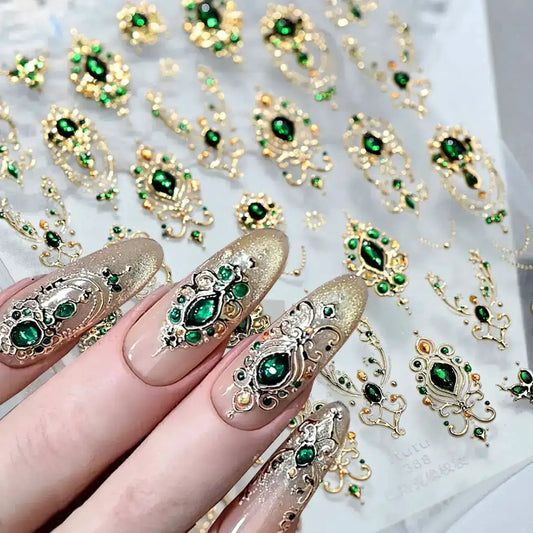 5D Embossed Emerald Gemstones Nail Art Stickers Luxury Golden Frame Baroque Flower Nail Decals Green Rhinestones Nail Supplies from PriceLows™