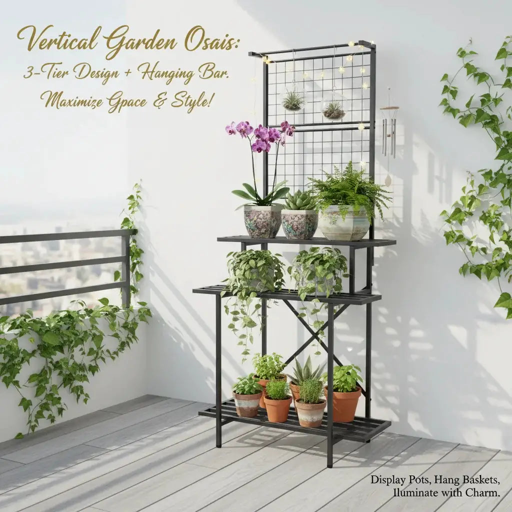 3-Tier Black Metal Plant Stand 90x46x200cm, Heavy Duty Tall Flower Shelf with Hanging Rod & Hooks for Indoor Outdoor Garden Balcony, 220 lbs Capacity from PriceLows™