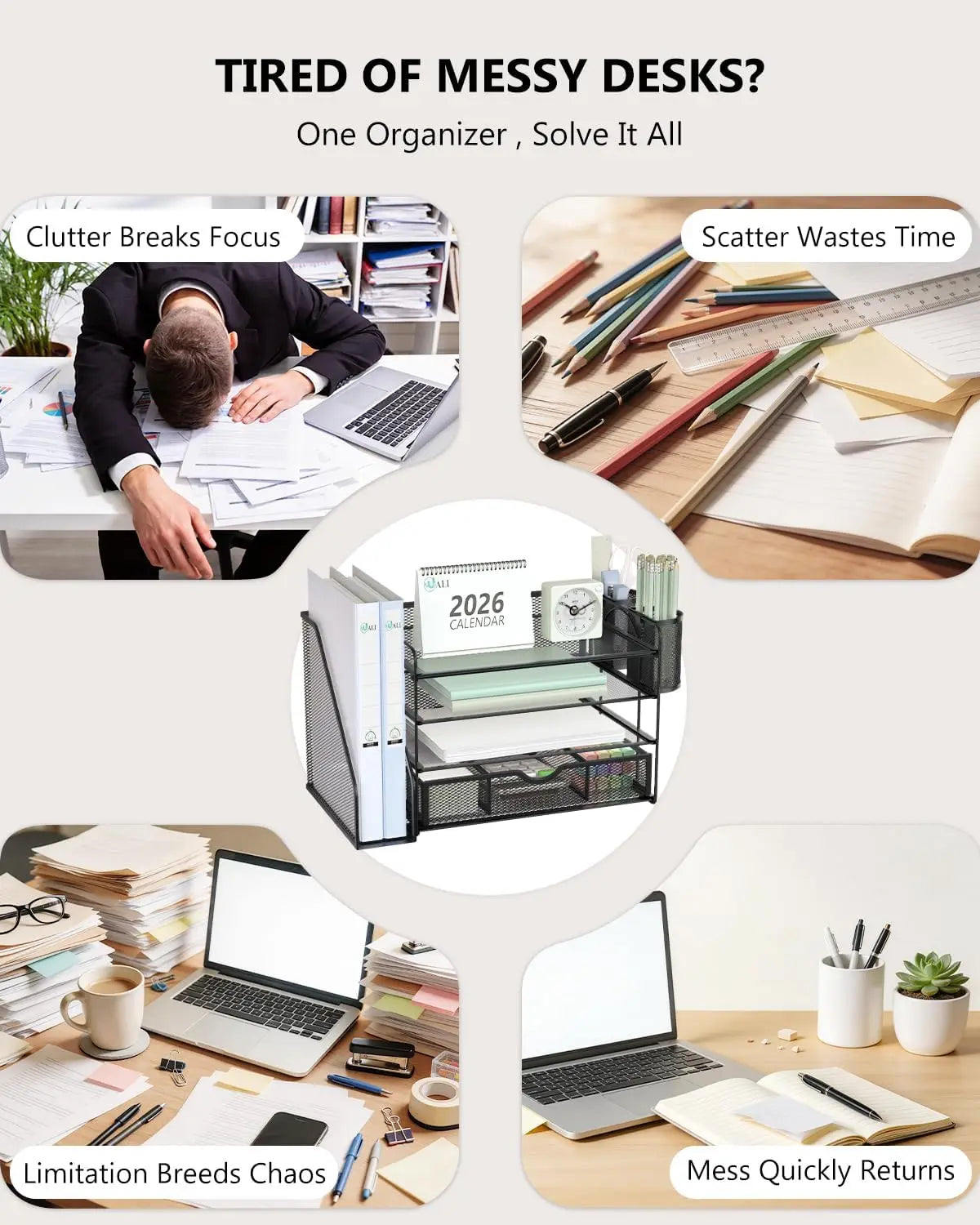 Desk File Organizer | 4-Tier Letter Tray System | Drawer And Pen Holders | Metal