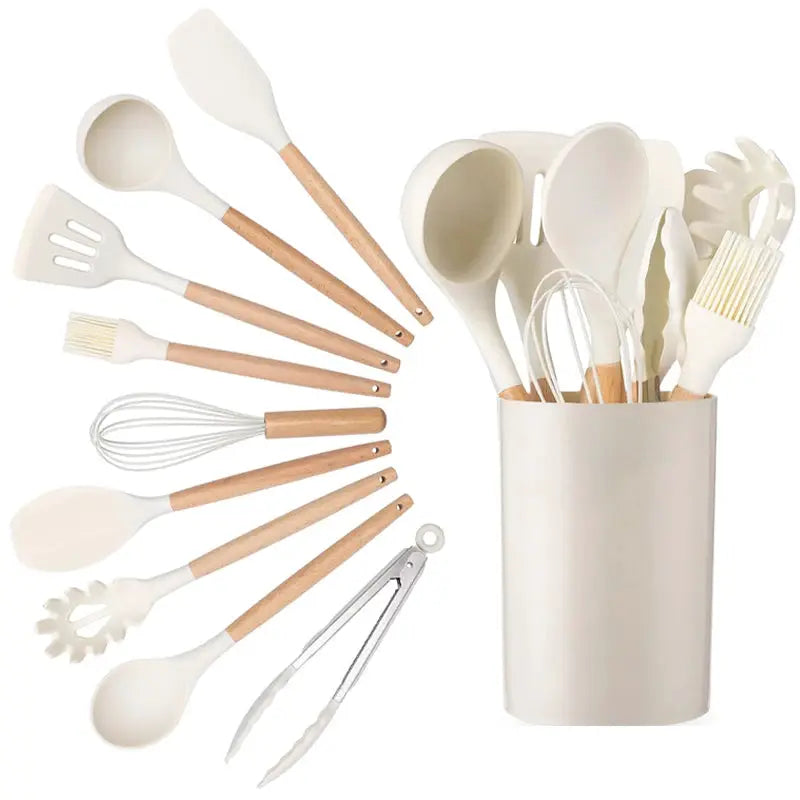 Professional 10 piece kitchen silicone spatula set wooden ladle egg beater, oil brush, barbecue clamp, scraper, kitchen utensils from PriceLows™