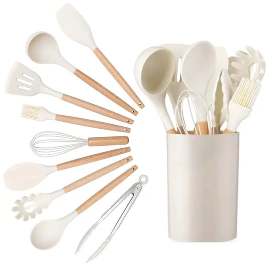 Professional 10 piece kitchen silicone spatula set wooden ladle egg beater, oil brush, barbecue clamp, scraper, kitchen utensils from PriceLows™