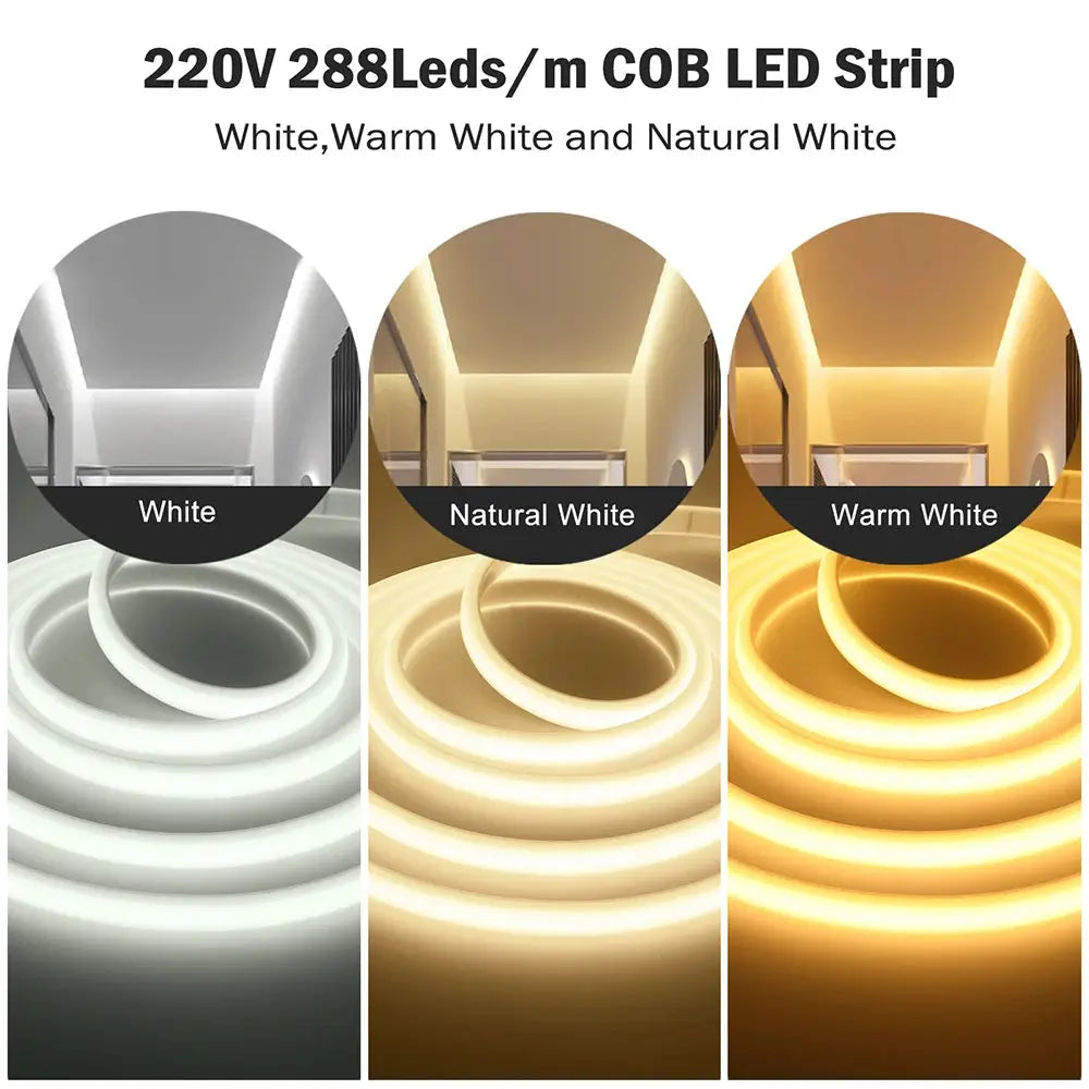 220V Dimmable COB LED Neon Strip Light Dimmer Switch Plug Kit Waterproof 288 LED Flex Tube Lamp Hight Bright Warm/Natural White from PriceLows™