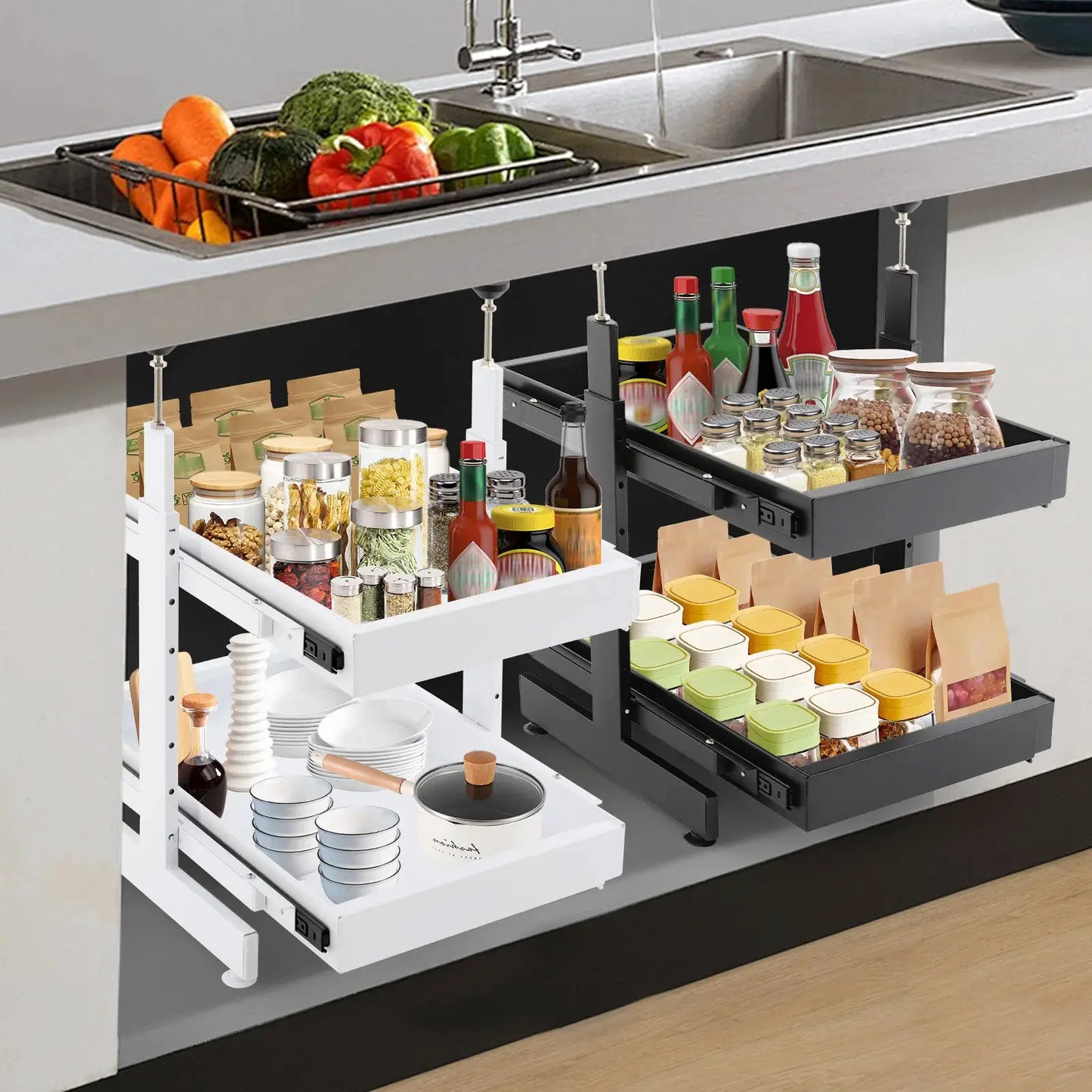 Carbon Steel Expandable Pull out Cabinet 2 -Tiers Organizer Pull Out Drawers for Cabinets Slide Out Cabinet Organizer from PriceLows™