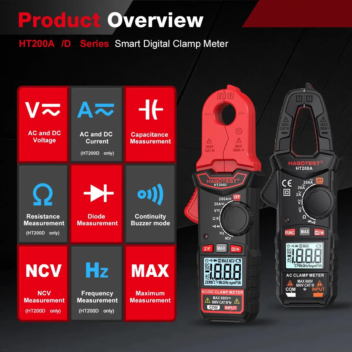 HABOTEST HT200A/D Digital True RMS Multimeter AC/DC 200A Clamp Tester Capacitance Measurement 20MHz Frequency CE RoHS Certified from PriceLows™