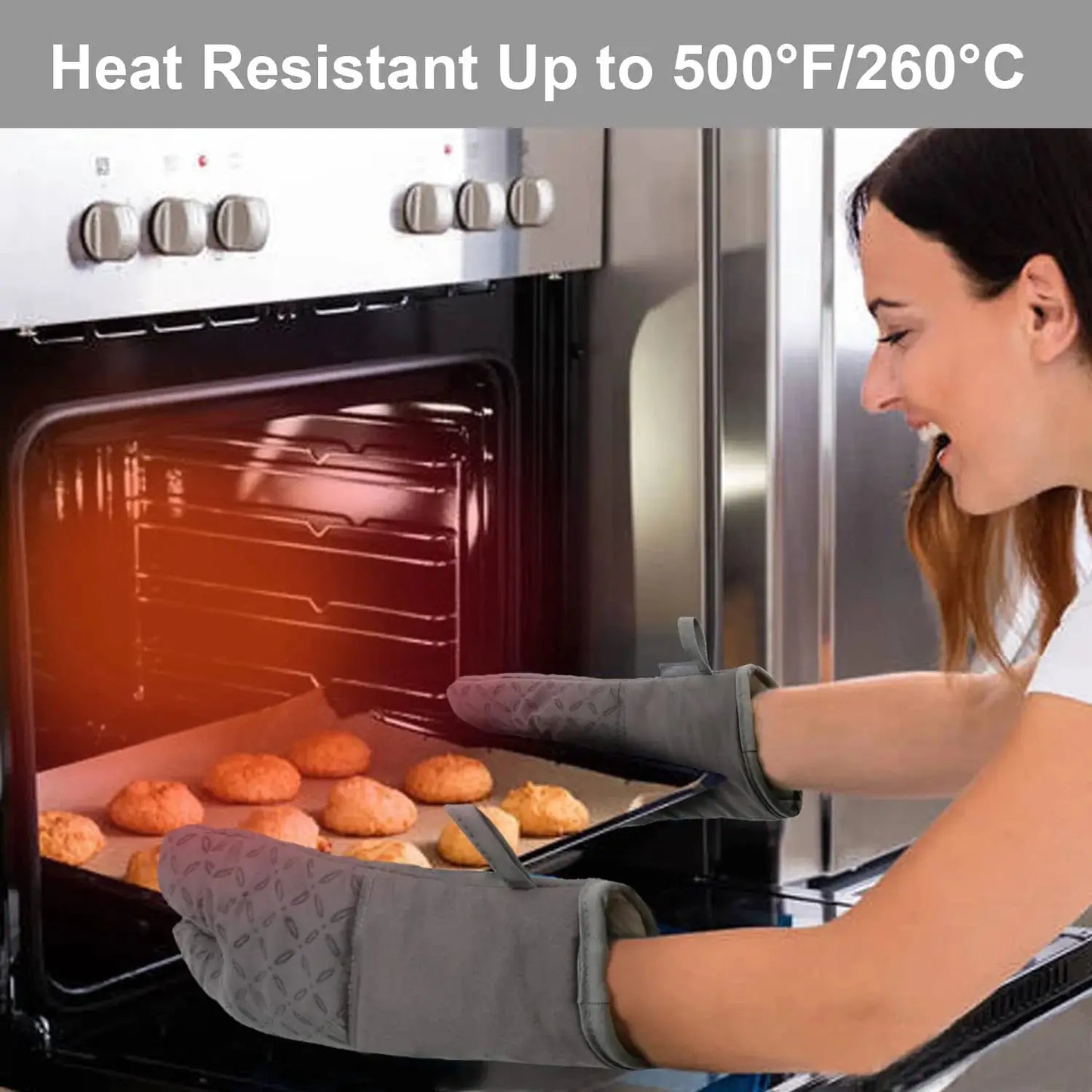Oven Mitts | High Heat 500F | Non Slip Silicone | 7x13in Gray (2 Pcs)