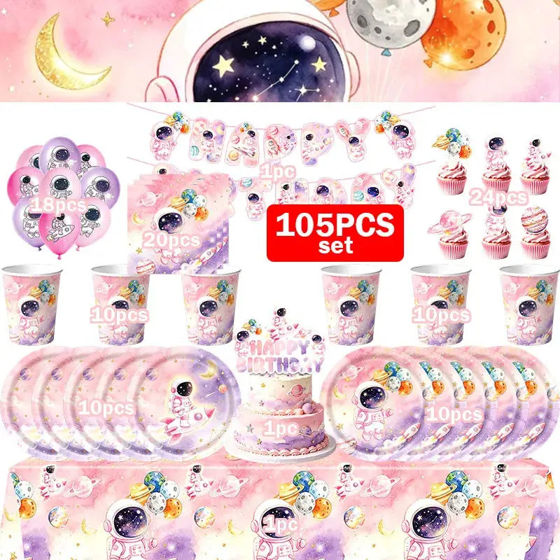 Astronaut Birthday Party Set | 61 Pcs Cup Plates Tablecloth
