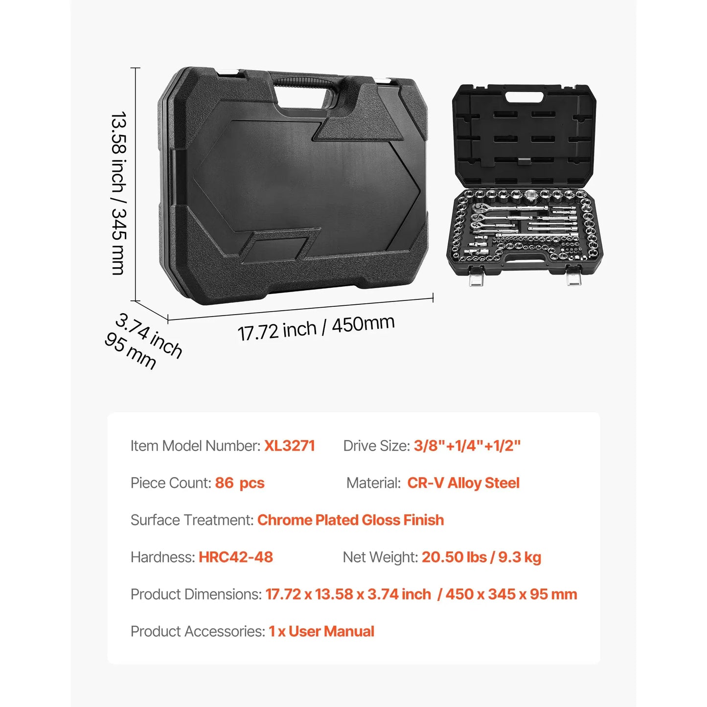 SucceBuy Socket Set 86 Pieces 3/8 1/4 1/2in Drive Socket and Ratchet Set SAE Metric Mechanic Tool Kit with Ratchet Wrench from PriceLows™