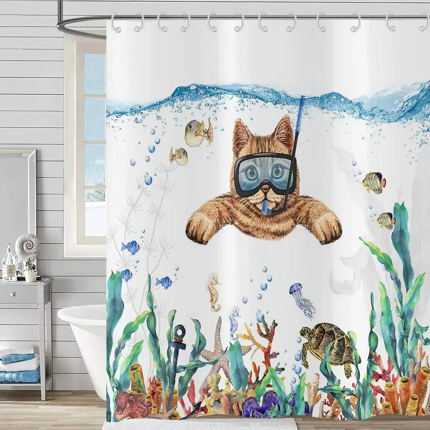 Cute Cat Blue Children Shower Curtain Waterproof Washable Polyester Material Bathroom Decorative Curtain with Hook from PriceLows™