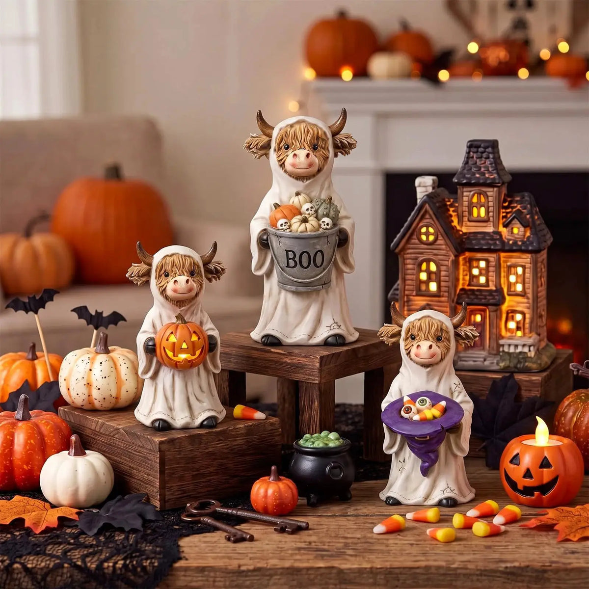 Halloween Wood Cow Statues | 3 Piece Set | Shelf Decor