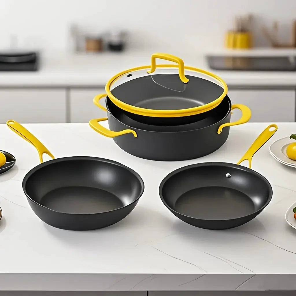 4pcs Hard Anodized Nonstick Cookware Set - Black Pots & Pans with Golden Stainless Steel Handles, Oven & Dishwasher Safe from PriceLows™