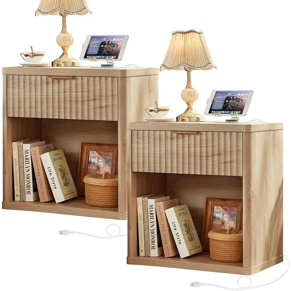2-Piece Nightstand Set with Charging Station, 23 Wide, Suitable for Bedroom or Living Room, Natural Wood Finish from PriceLows™