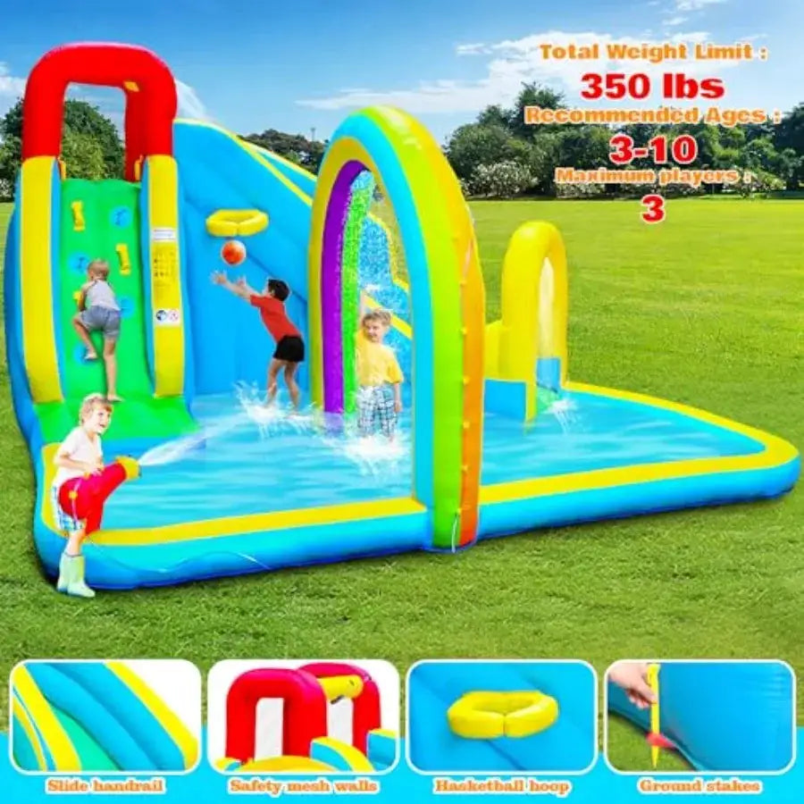 Inflatable Water Slide Park with Air Blower Bouncer House Rainbow Sprinkler Bouncy Castle for Climbing Wall Splash Pool from PriceLows™