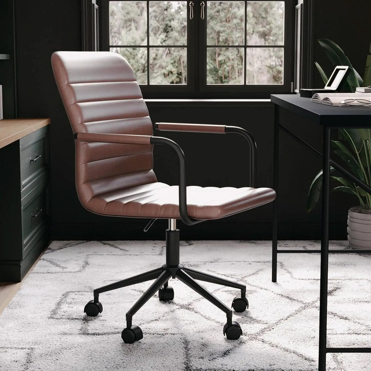 Saddle Brown Faux Leather Swivel Task Chair With Armrests from PriceLows™