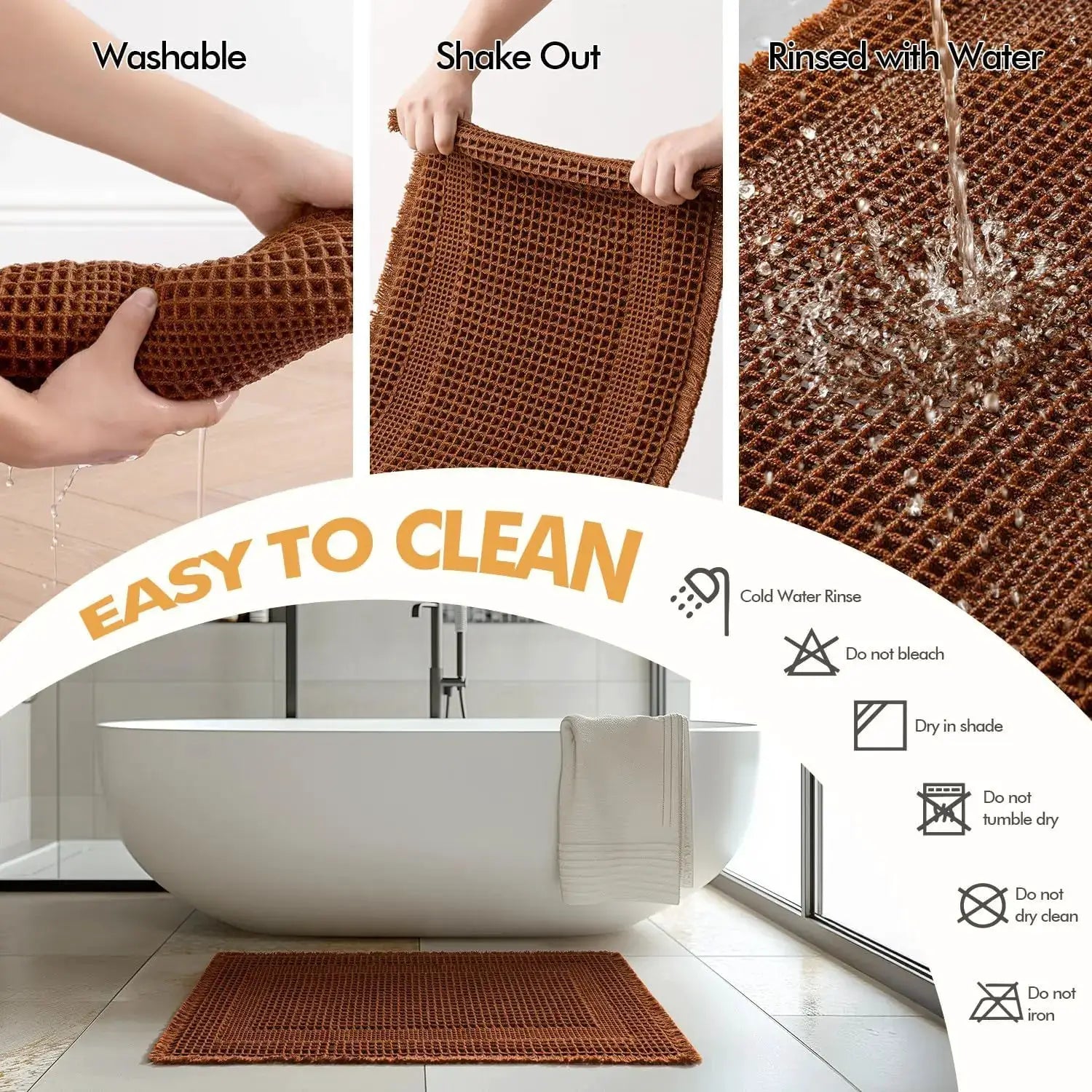 Set of 2 Waffle Bathroom Rugs, Boho Bath Rug Super Absorbent, Non Slip Washable Ultra Soft Rubber Backed Shower Bath Mat from PriceLows™