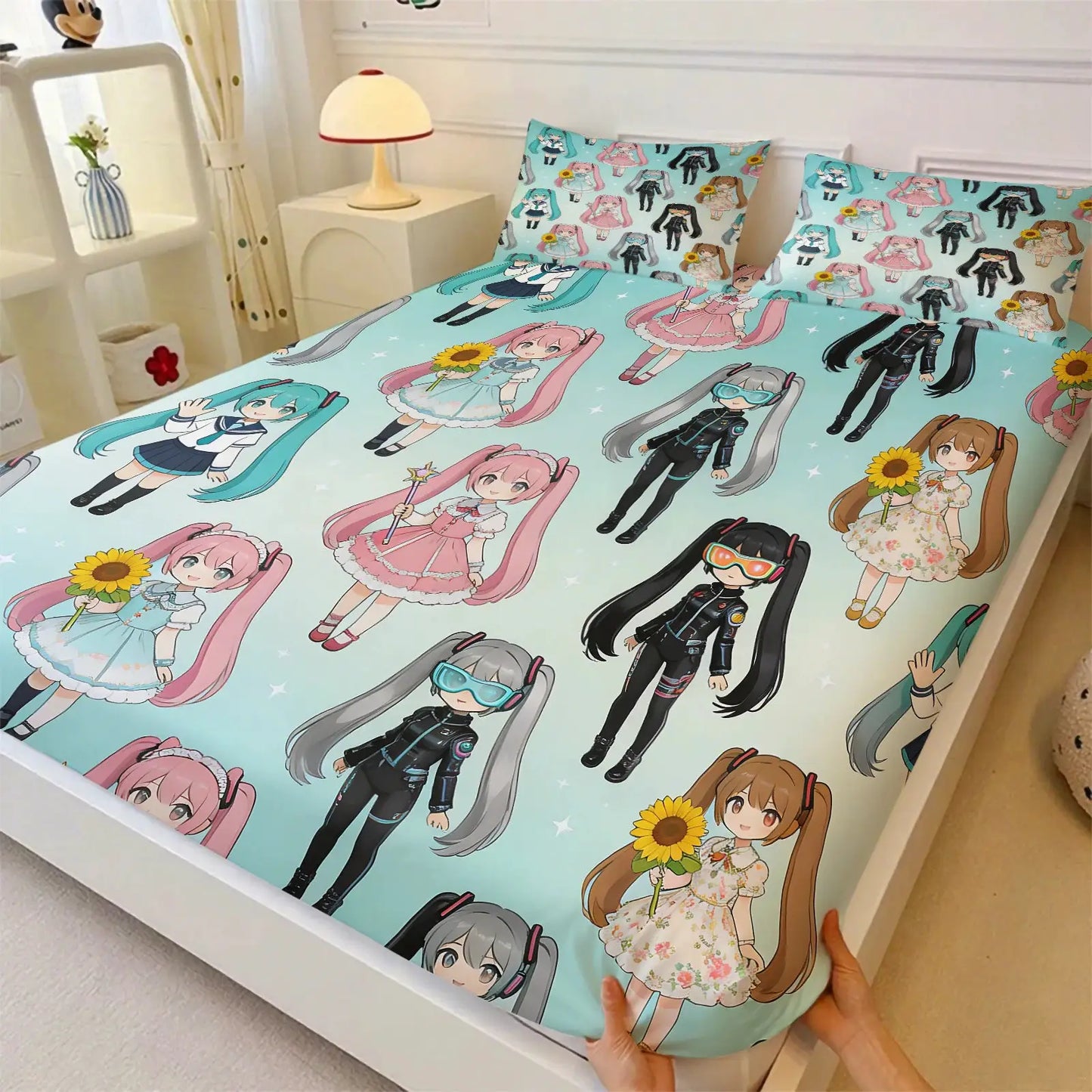 3Pcs Hatsune Miku Japanese Ink Wash Fitted Sheet Set Zen Style Anime Bed Cover with Pillowcases Teens Room Fans Room Decor Gift from PriceLows™