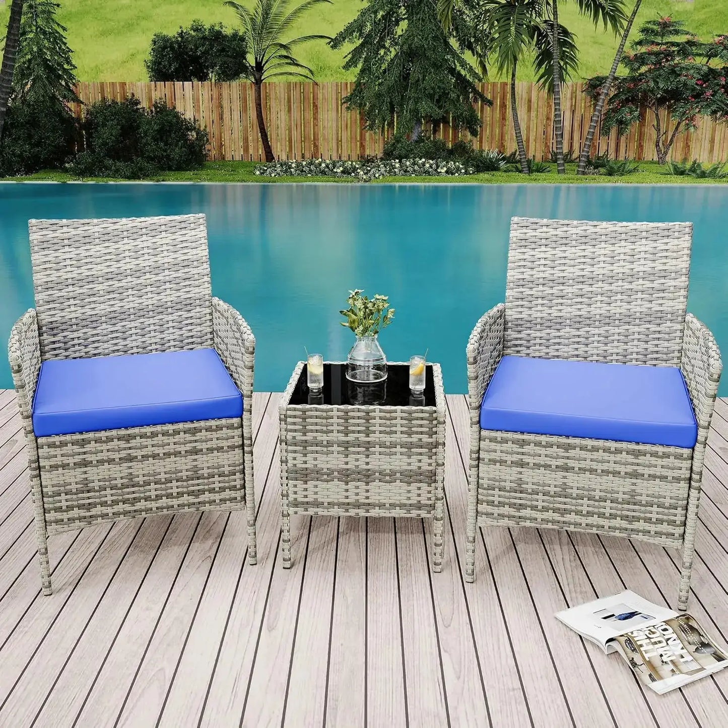3 Piece Outdoor Patio Furniture Set, PE Rattan Wicker Chairs with Soft Cushions, Tempered Glass Coffee Table, All Weather Conversation Set for Garden Porch Poolside Balcony from PriceLows™