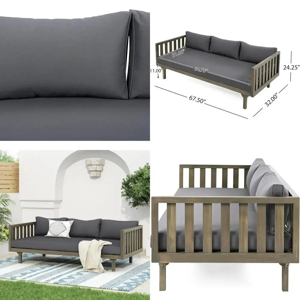 3 Seater Acacia Wood Daybed with Water-Resistant, Removable Cushions, Patio Garden Sofa, Slat Panel Armrest and Back, Grey from PriceLows™