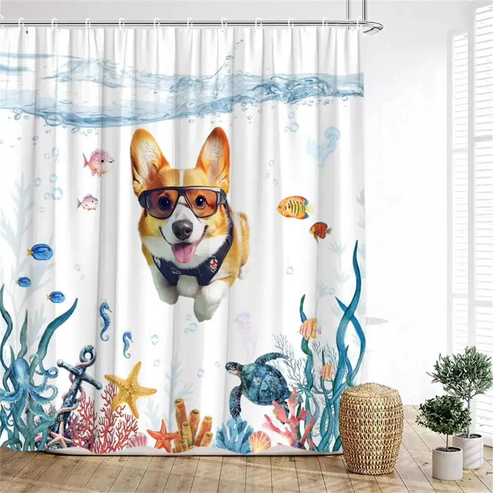 Funny Diving Cat Dog Shower Curtain Cute Cartoon Bathing Animals Sea Turtle Underwater Scenery Kids Bathroom Curtains Decor Set from PriceLows™