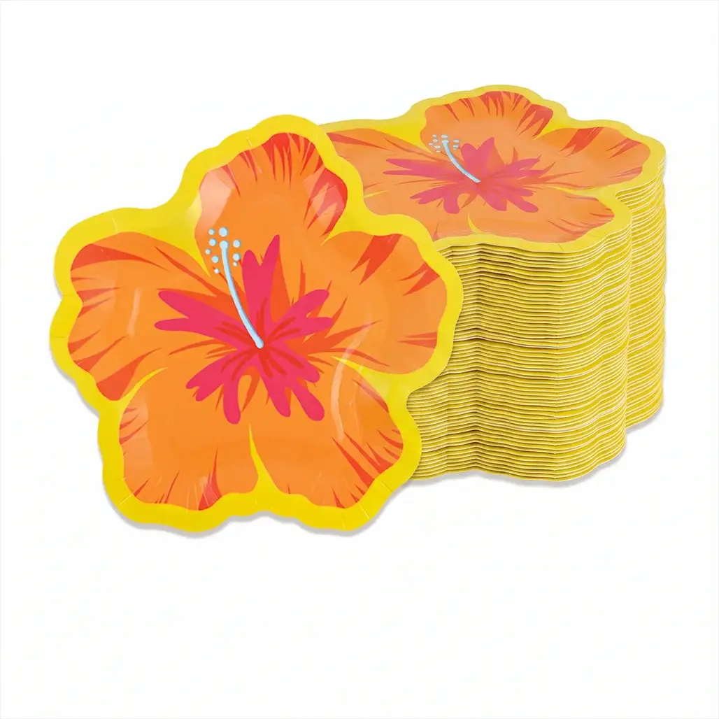 Hibiscus Flower Paper Plates | Tropical Hawaiian Design | Disposable Dessert Serveware