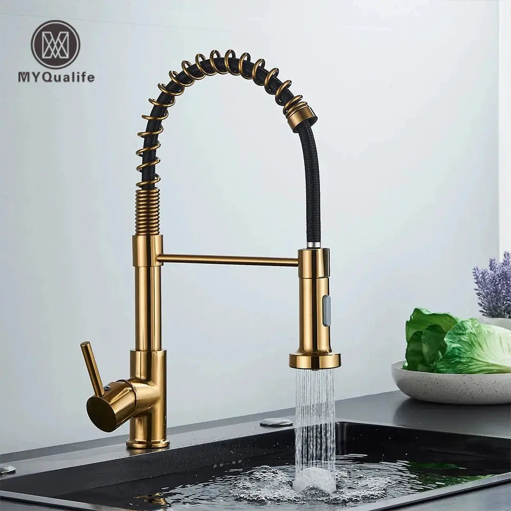 Brushed Gold Kitchen Sink Faucet One Handle Spring Hot and Cold Water Tap Deck Mounted Bathroom Kitchen Crane from PriceLows™