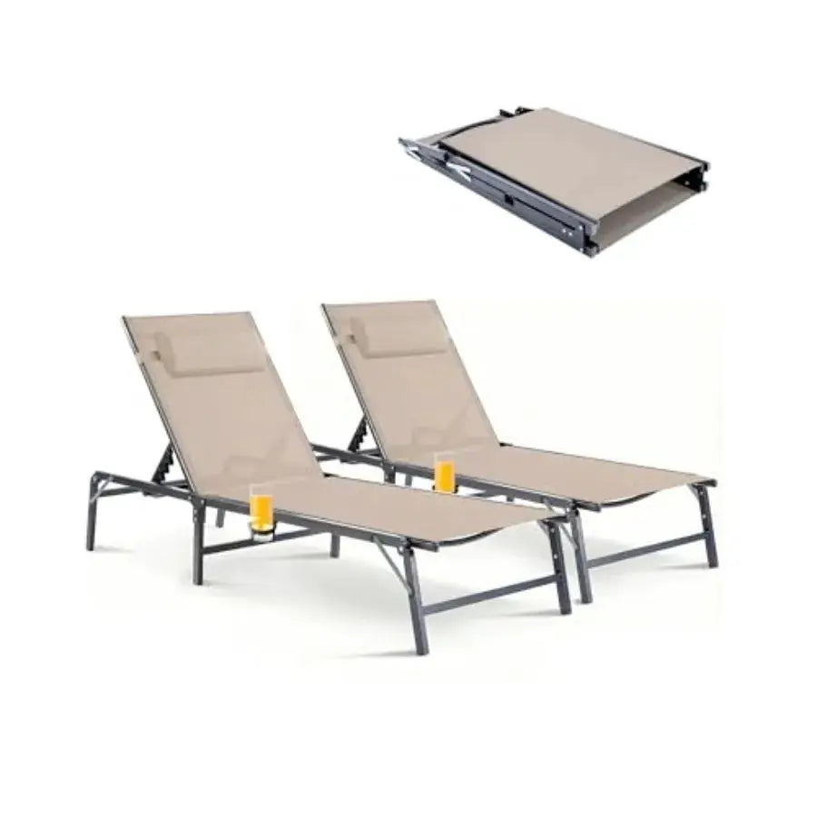 Outdoor chaise lounge chair for poolside, beach, patio use; khaki fabric; foldable, assembly-free design with cup holder, detac from PriceLows™