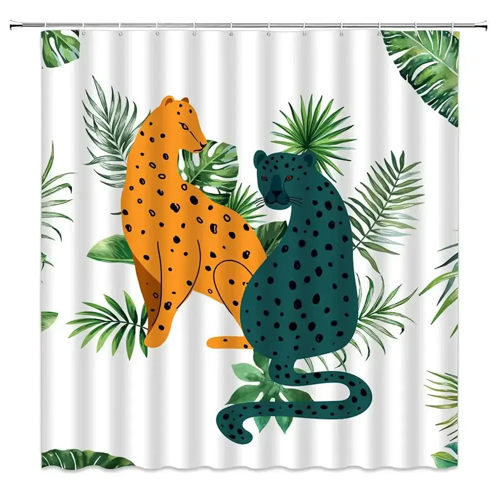 Boho Cheetah Shower Curtain,Tropical Leopard Wildlife Bath Curtain,Modern Pink Aesthetic Moon Phase Blue Floral Bathroom Curtain from PriceLows™