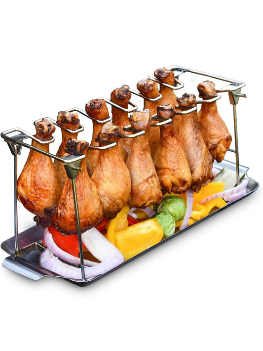 Chicken Leg Rack For Grill | 14 Slots | Stainless Steel | Drip Tray Included