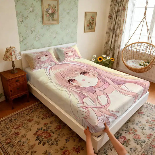 Cute Anime Bunny Girl Print Fitted Sheet Set Bed Sheet Set Bedding Set No Fillers Deep Pocket For Teen Bedroom from PriceLows™