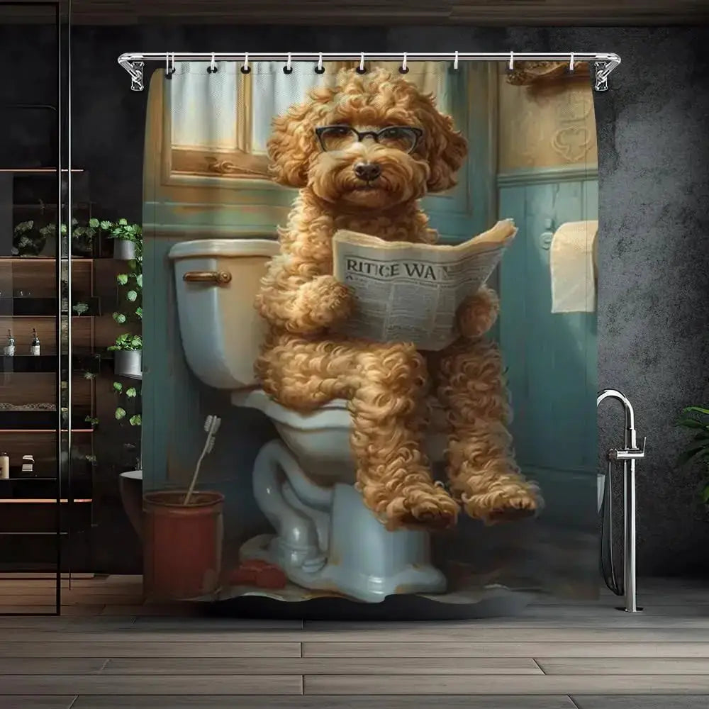Funny Boxer Dog Bath Shower Curtain,Cute Dogs Reading Newspaper on Toliet Bathroom Curtain Washable Cloth Kids Shower Curtain from PriceLows™