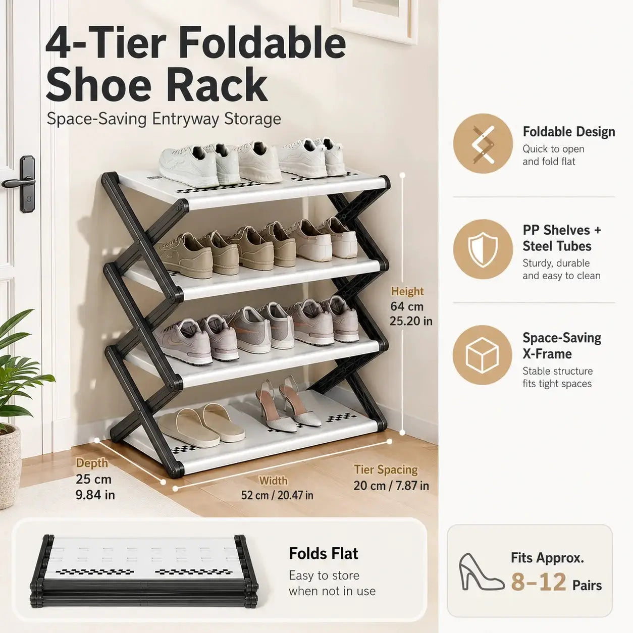 Joybos Foldable Shoe Rack, Space-Saving Entryway Shoe Organizer with Stable X-Frame, PP Shelves & Steel Tubes, No Assembly Needed from PriceLows™