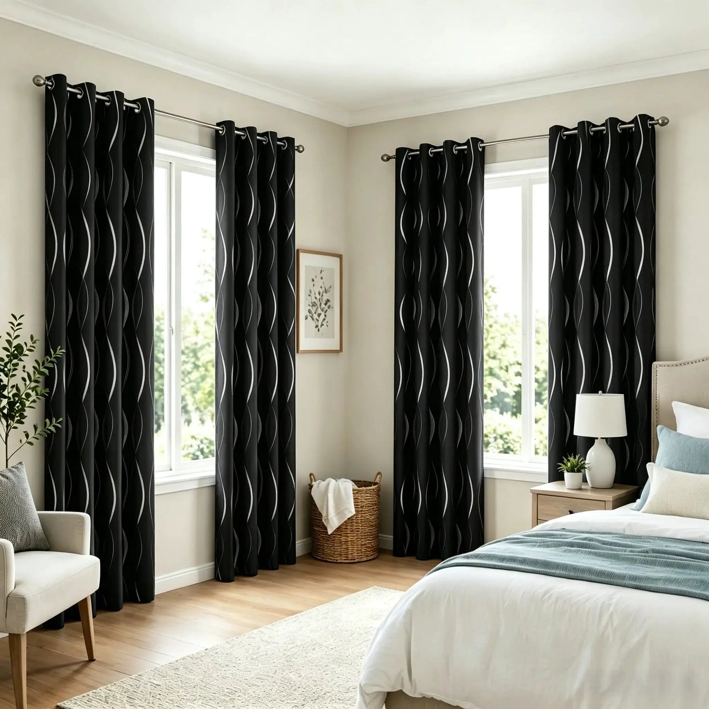 4 Panels Blackout Curtains Silver Wave Foil Design Grommet Top Window Treatment 5 Colors Available Room Darkening Thermal Insulated Indoor Outdoor Curtains from PriceLows™