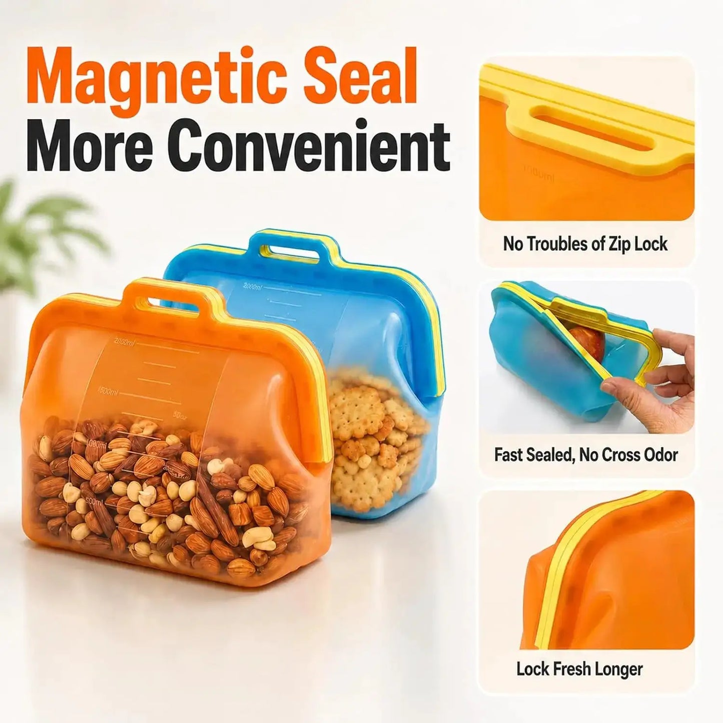 Reusable Silicone Food Storage Bags | 50oz | Magnetic Seal Stand Up | 1 Pack