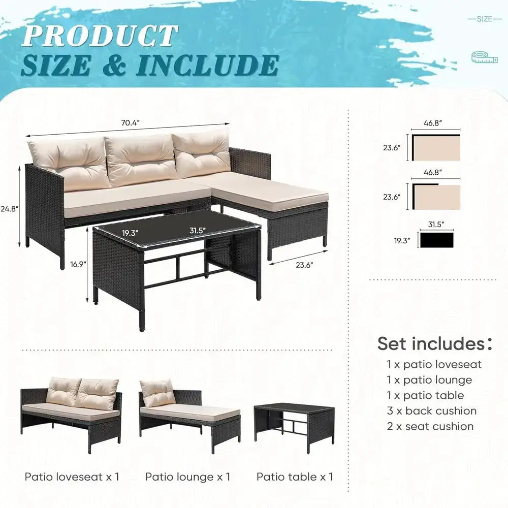 Light Beige Outdoor Wicker Sectional Sofa Set with Cushions and Coffee Table for Patio, Garden, Porch, Poolside from PriceLows™