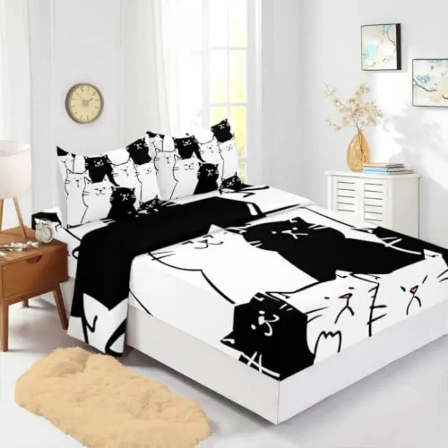 Cartoon Cat Sheet 4Pcs Black and White Kitten Sheet Cute Pet Cat Bedding Set for Teen Kid Boy Girl Adult Kawaii Line Cat Bedspr from PriceLows™